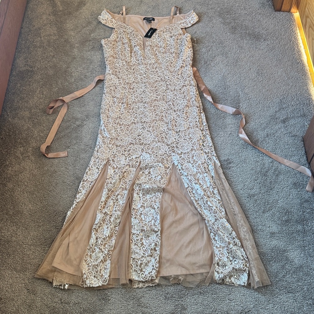 Candalite Beige Sequin Lace Cold Shoulder Formal Maxi Evening Dress SIZE XL